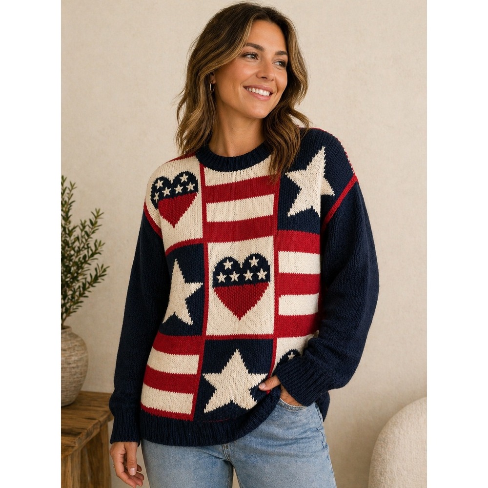 Marisa Christina Classics Vintage Americana Star Heart‎ Hand Knit Sweater XL